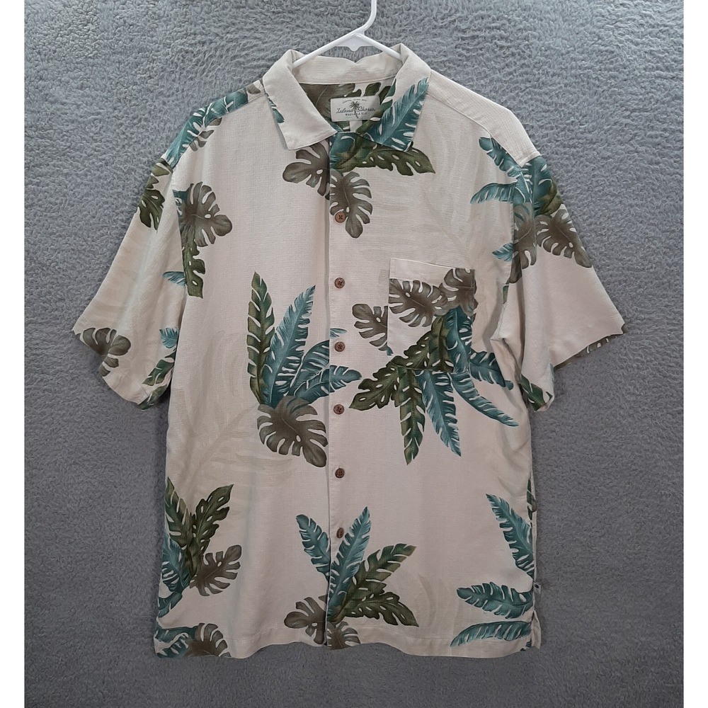 Island Shores Shirt Adult Large Tan 100% Silk Hawaiian Camp Tropical Beach Mens